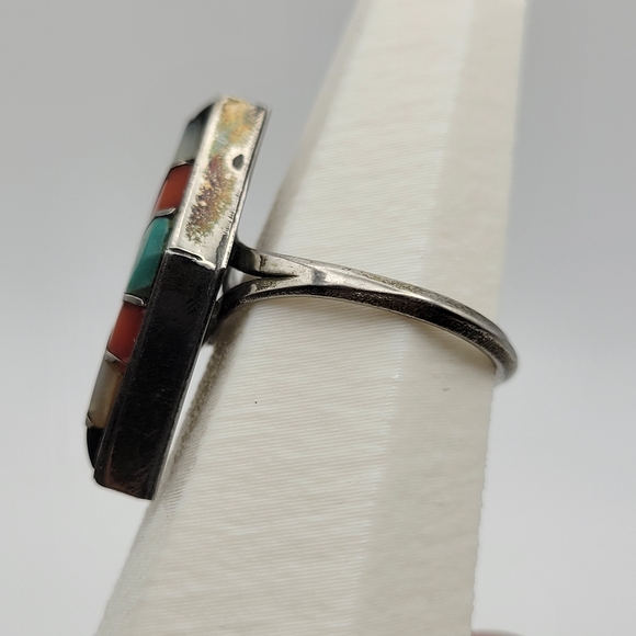 Native American Style Zuni? Beautiful Geometric Inlay Sterling Silver Ring - Picture 10 of 13